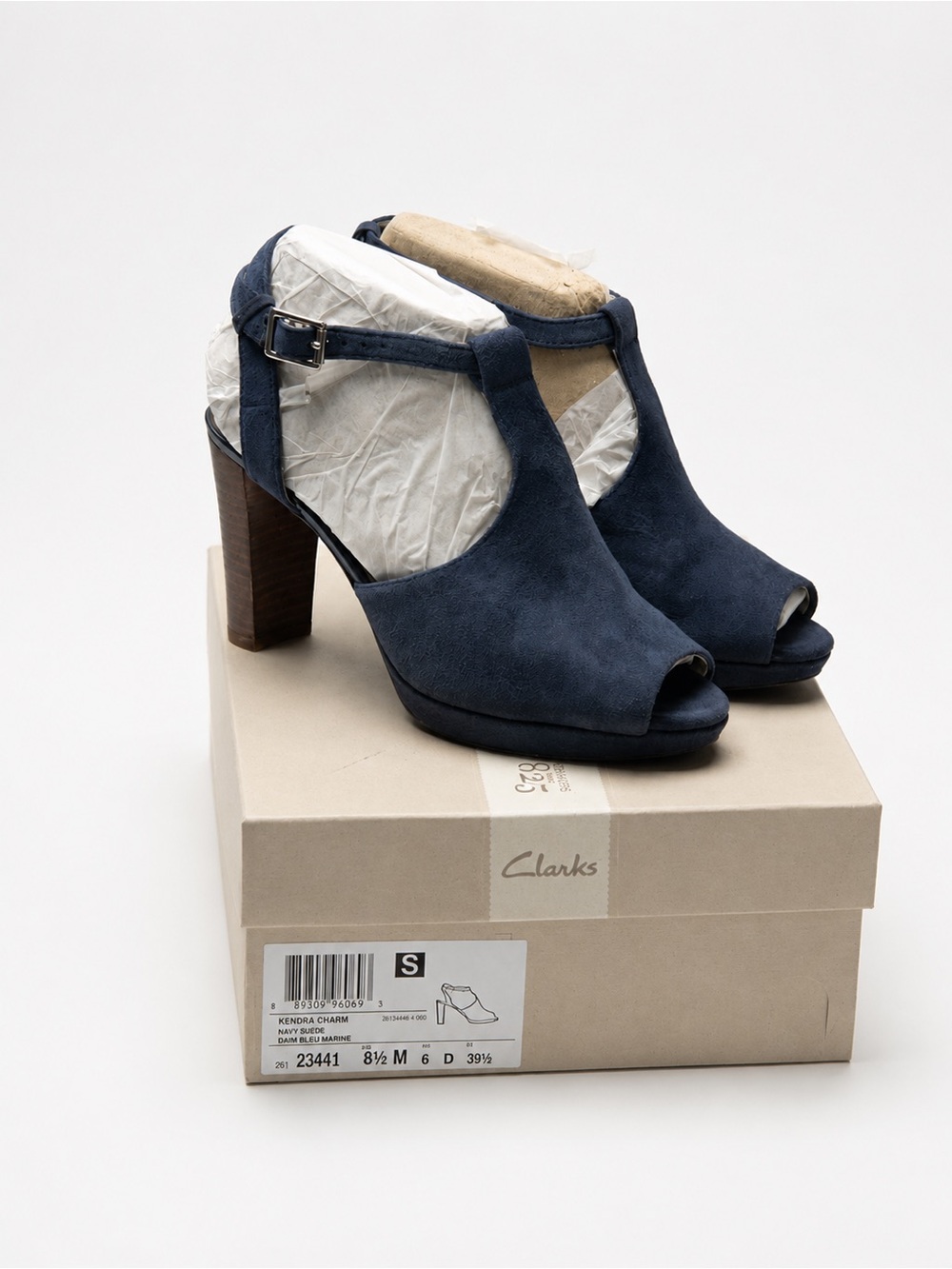 Clarks Navy Suede T-Strap Peep-Toe Heels